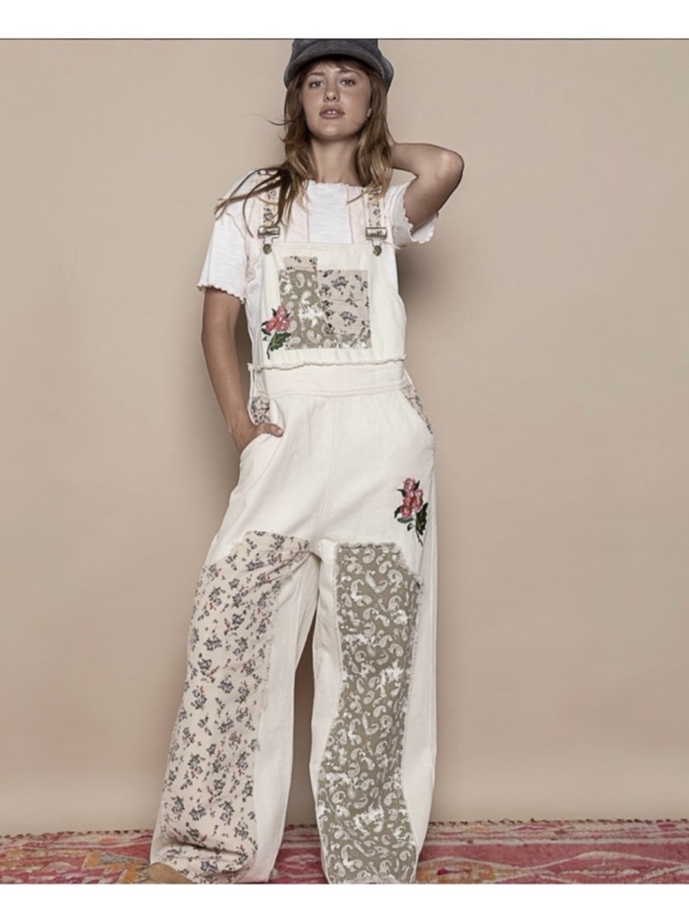 POL Denim Cream Patchwork Floral Overalls